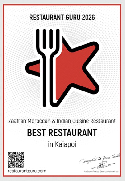 Restaurant Guru 2026 certificate: Zaafran Moroccan & Indian Cuisine Restaurant, Best Restaurant in Kaiapoi